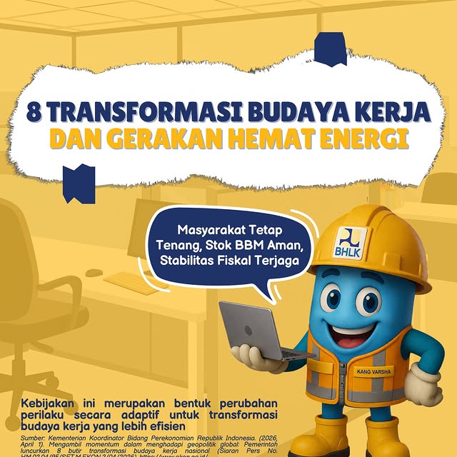 Hal Kecil Namun Berdampak Besar 🚀

Mulai 1 April 2026, Transformasi Budaya Kerja Nasional resmi diberlakukan sebagai upaya mendorong perubahan perilaku kerja yang lebih adaptif, efisien, serta penggunaan energi yang lebih bijak. Langkah ini berpotensi memberikan penghematan signifikan bagi negara dan akan dievaluasi secara berkala untuk memastikan pelaksanaannya berjalan efektif.

Apa saja 8 poin Transformasi Budaya Kerja dan Gerakan Hemat Energi? ⚡
Geser sampai slide terakhir yaah!! 👉��